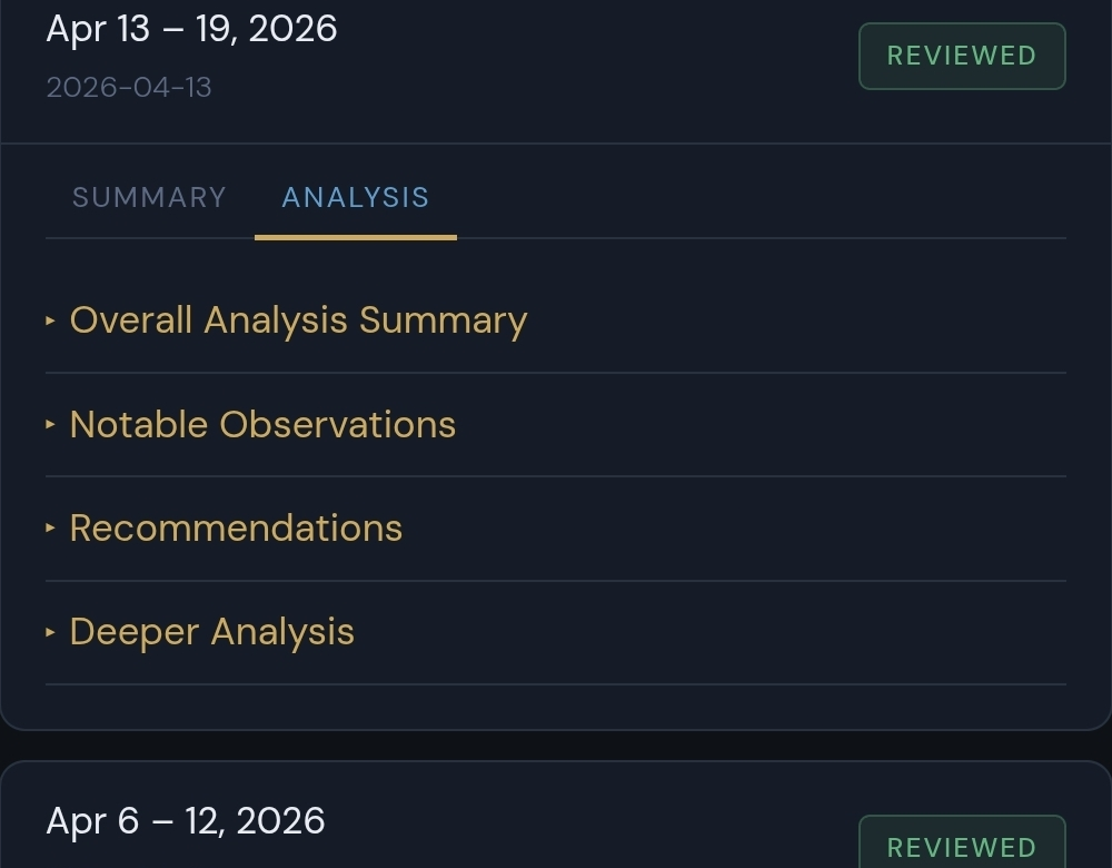 Training history analysis card with Overall Analysis Summary, Notable Observations, Recommendations, and Deeper Analysis sections.