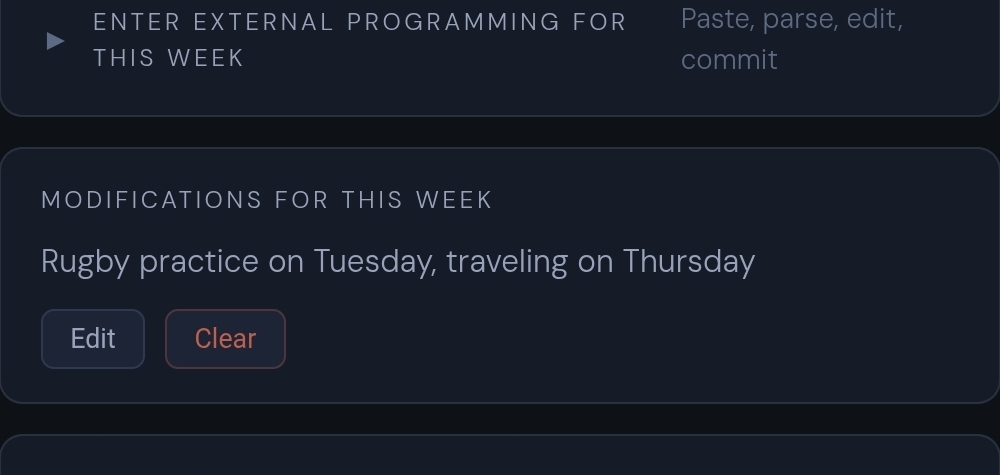 The 'Enter external programming for this week' and 'Modifications for this week' panels showing a pasted and parsed plan.