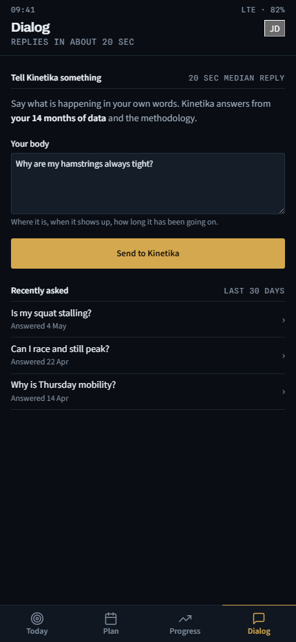 Kinetika Dialog on mobile: the athlete types the question “Why are my hamstrings always tight?”, with earlier questions listed below.