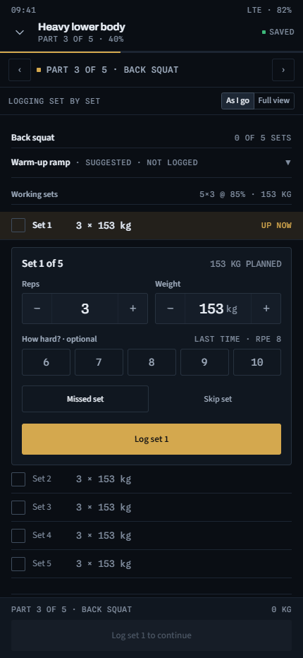 Kinetika mobile session, part 3 of 5: logging the first working set of back squat at 153 kg.